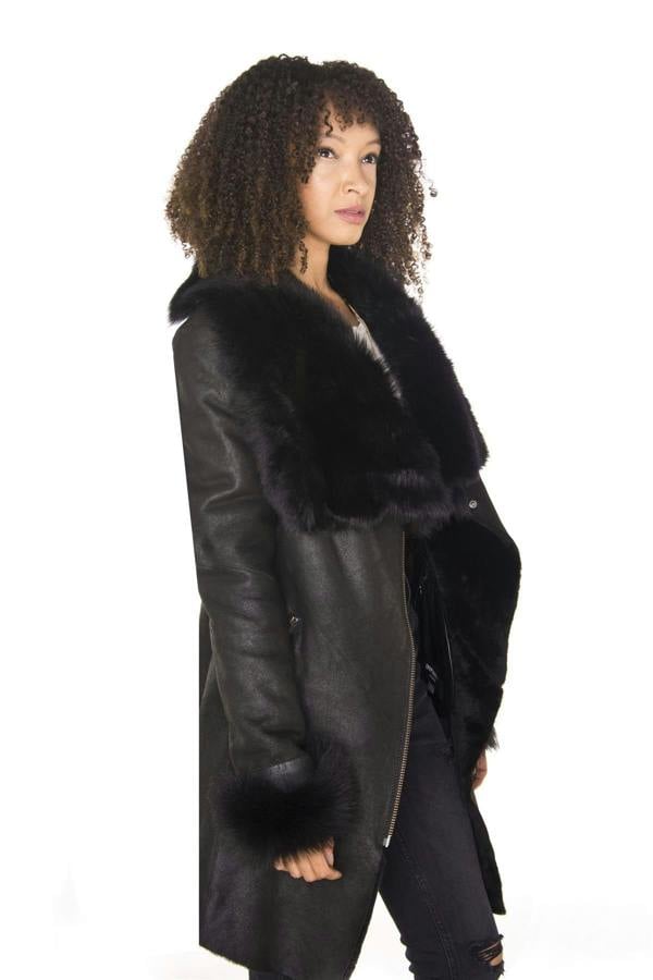 Infinity Leather Womens Black Merino Shearling Coat with Toscana Collar-Fortaleza