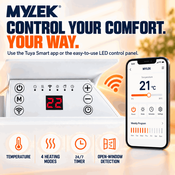 MYLEK Panel Space Heater White 2KW Eco, Smart and WiFi App Slimline Low Energy - Wall Mounted, Bathroom IPX4