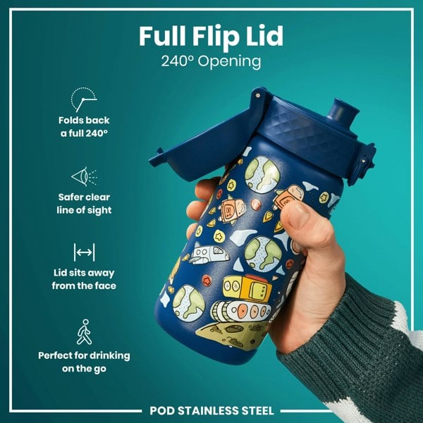 A blue water bottle with a space theme, featuring a 240° opening flip lid, is held by a person against a teal background. Full Flip Lid, 240° Opening. POD STAINLESS STEEL.