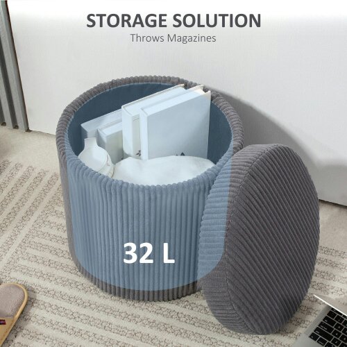 Wyld Haus Yoluha Round Grey Corduroy Storage Footstool With Removable Lid