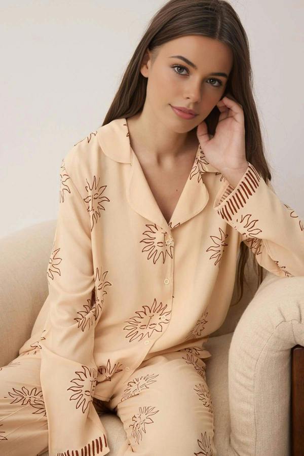 WOVCOR 2- Piece Sun Patterned Viscose Woven Pajama Set