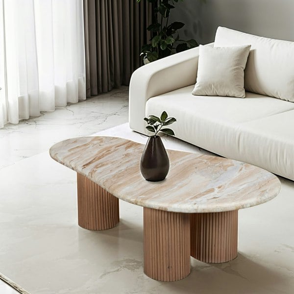 IH Design Bundi Natural Marble & Wood Pedestal Coffee Table