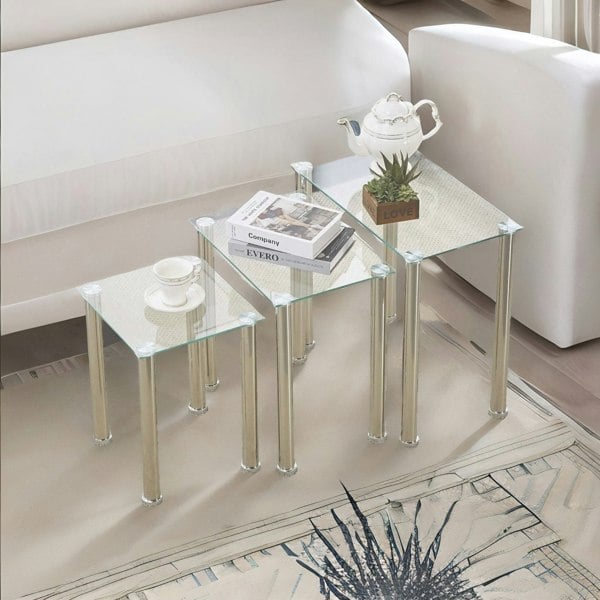 Rafaelo Mobilia Set Of 3 Glass Nesting Tables Silver