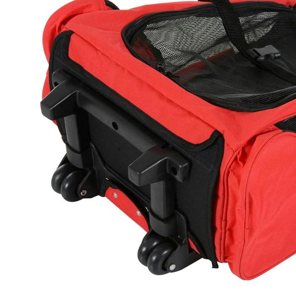 Red pet carrier backpack with black base, rolling wheels, and secured telescopic handle