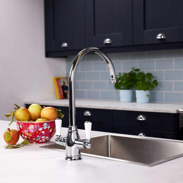 Flode Halden | Dual Lever Kitchen Sink Mixer Tap with Swivel Spout | Polished Chrome Finish