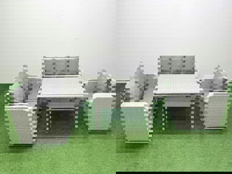 Fimous 6-Seater Light Grey PE Rattan Outdoor Dining Set | Rectangular Table, Reclining Chair, Loveseat, 3-Seater Sofa