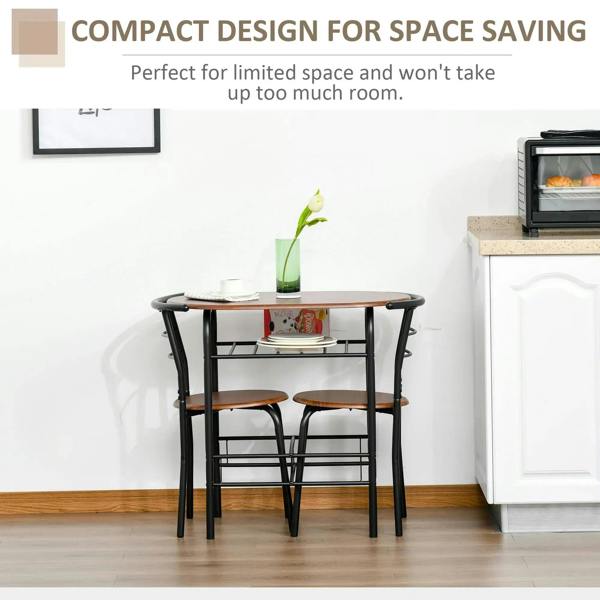 Compact dining set with natural-wood tabletop, black steel frame, and two matching chairs