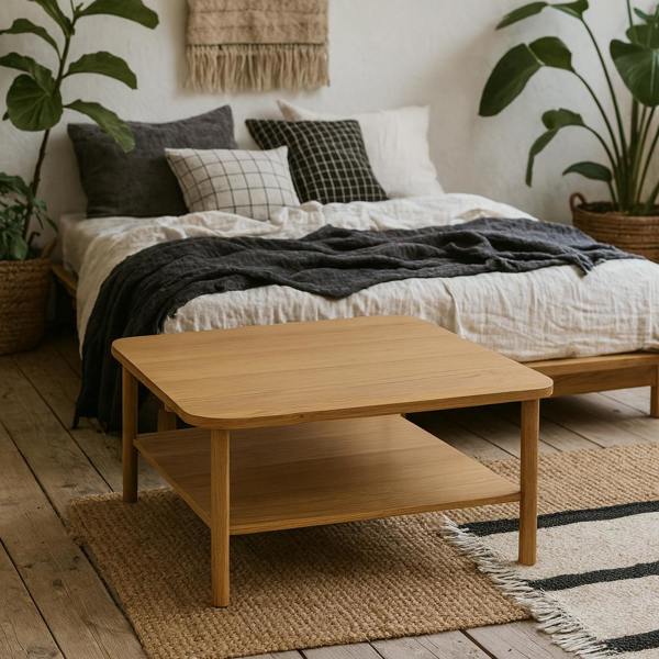 Wyld Haus Bermudas Natural Oak Wood Square Coffee Table Bottom Shelf