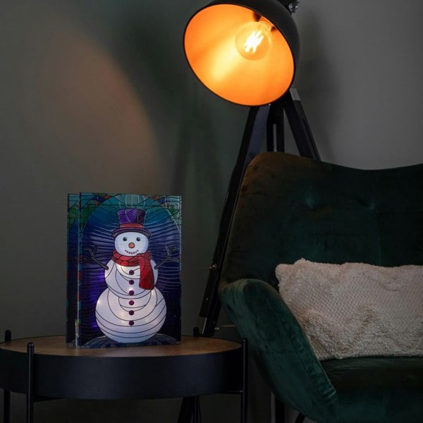 Samuel Alexander 28cm Battery Operated Light up Double Sided Stained Glass Snowman Decoration with LEDs