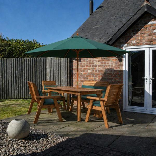Samuel Alexander Hand Made 6 Seater Rustic Wooden Garden Furniture Set. Table, Bench, Chairs, Parasol & Green Cushions