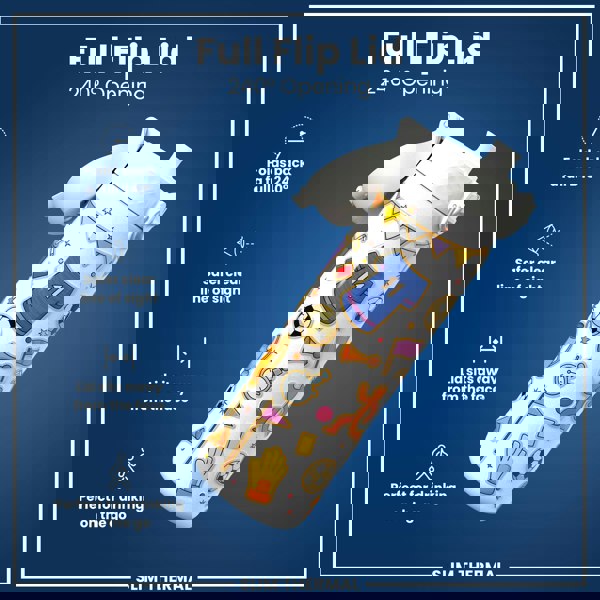 A white water bottle with a soccer theme, featuring a 240° flip lid, is shown against a blue background. The lid folds back, away from the face, for easy, on-the-go drinking.