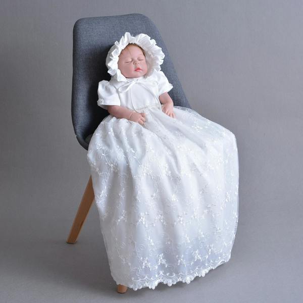 Cinda Lace Long Christening Gown with Bonnet