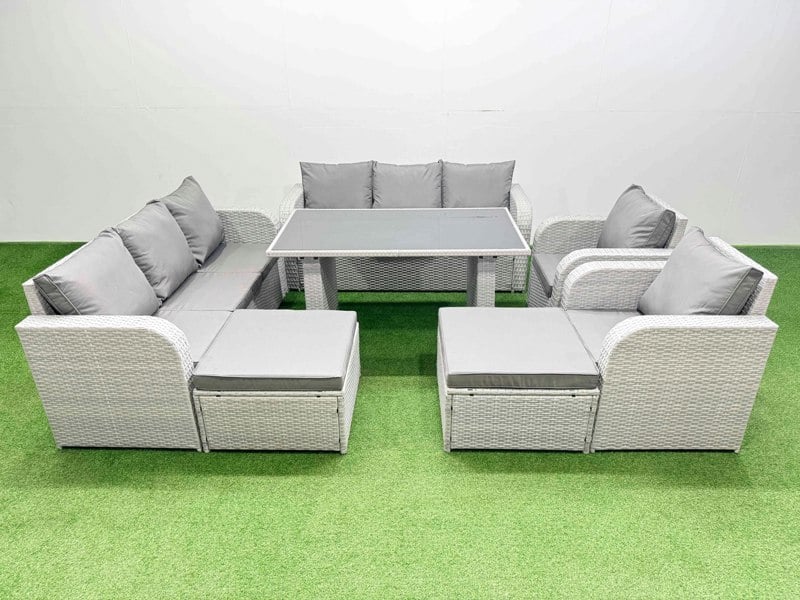 Fimous 10 Seater Wicker PE Rattan Furniture Outdoor Dining Table 3 Seater Sofa Reclining Chair Set with 2 Big Stools Light Grey