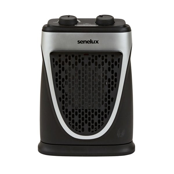 A picture of the black and silver Senelux mini heater taken from the front with the thermostat controls at the top.