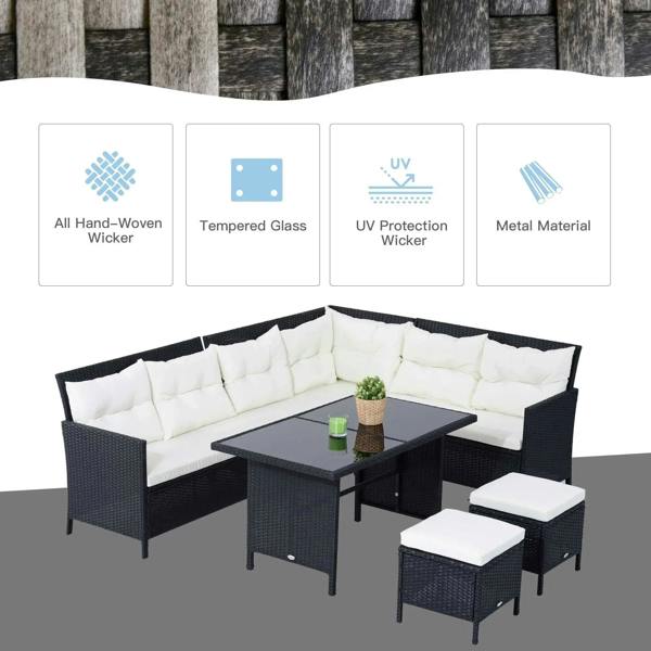 Black rattan corner dining sofa set with white cushions and matching footstools