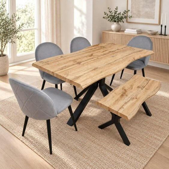 Kosy Koala Rustic Wood-Effect Wavy X-Shaped Legs Dining Table Set with 4 Grey Chairs & Bench, 140x80x75cm
