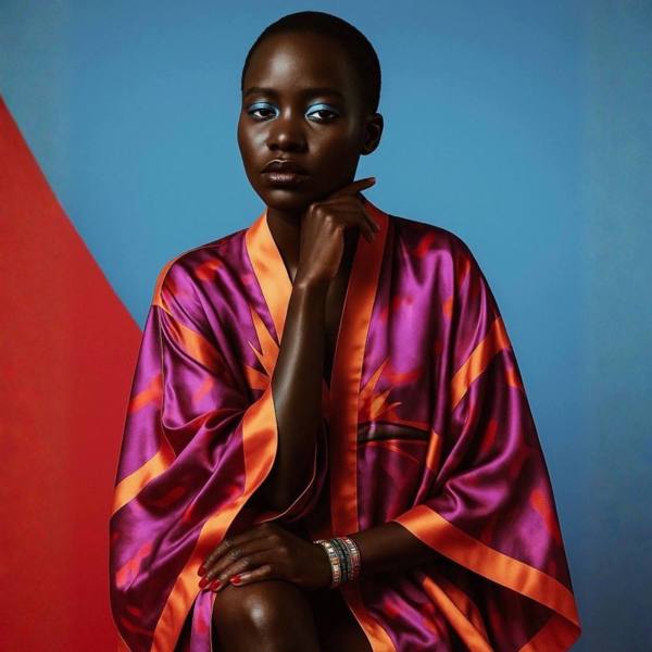 Women's Bird of Paradise Pink Purple Plus Size and Mid Size Silk Kimono on an arty blue and red background