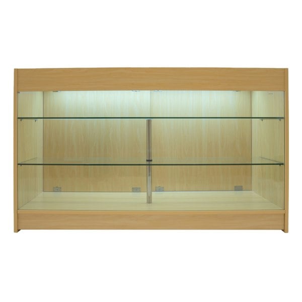 Maple Helios LED shop counter set with glass shelves, featuring a sleek design and soft lighting for product display