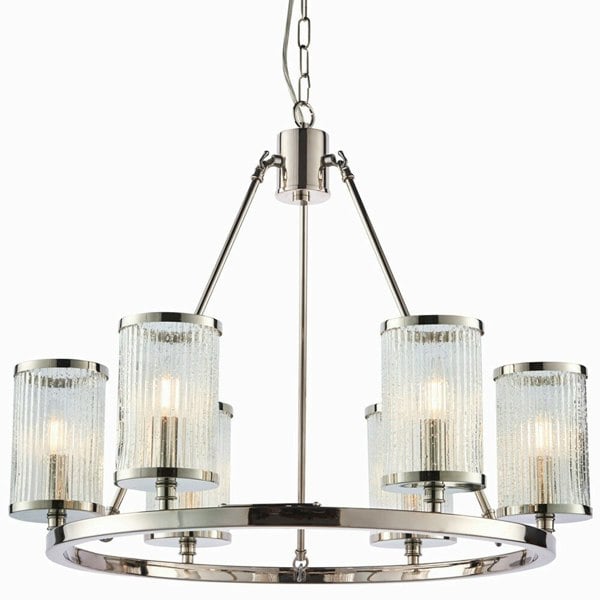 6 Light Chandelier Pendant Nickel Ribbed Glass Shade Hanging Ceiling Lamp Holder Loops