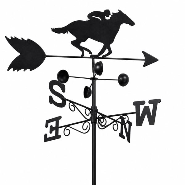 Horse Racer Steel Weathervane with Ground Spike and Wall Fixing, Black Outdoor Wind Direction Ornament with Wind Speed Cups