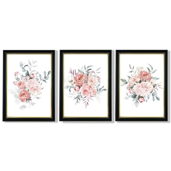 Pink Peonies Watercolour Floral Set of 3 Framed Art Prints with Vermeer Black and Gold Frames