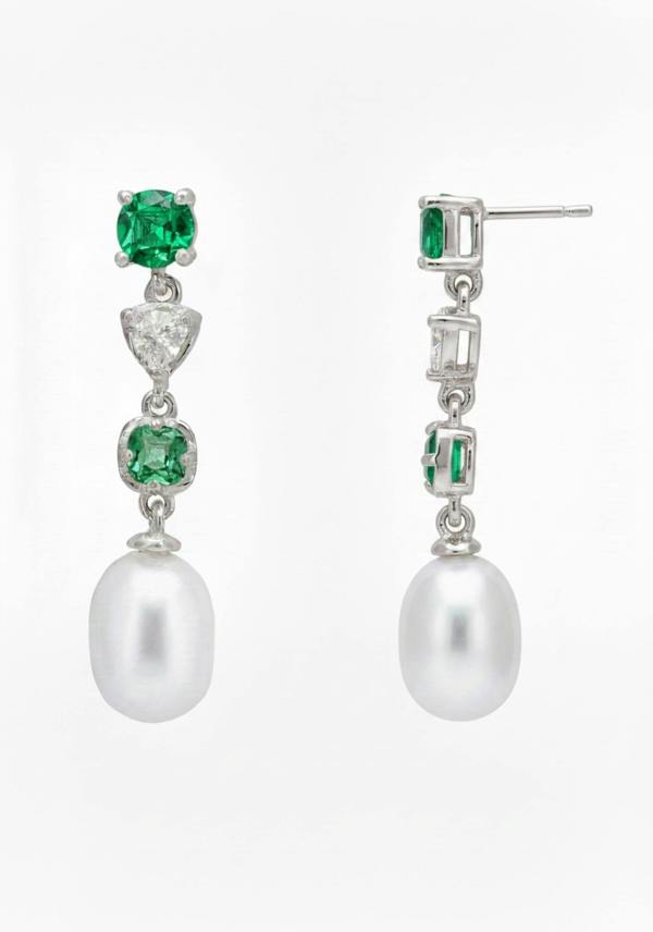 Latelita Pearl Whisper Drop Earrings Emerald Silver