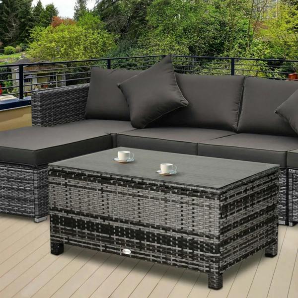 Grey PE rattan garden coffee table with square glass top and dark legs.