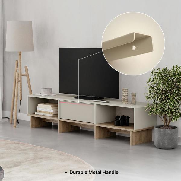 Decortie Modern TV Stand 170cm w/Soft-Close Drop-Down Door Open Shelves Metal Handle Living Room TV Cabinet Sandstone, Natural Oak