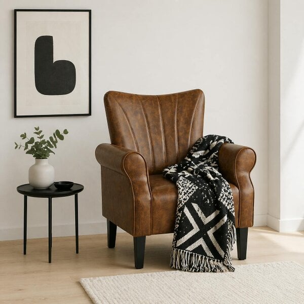Wyld Haus Vafi Brown Faux Leather Mid Century Accent Armchair With Rolled Arms And Wooden Legs