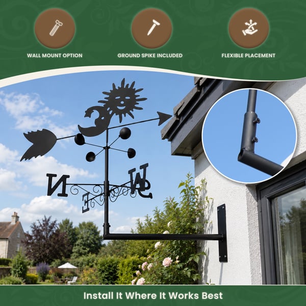 Sun and Moon Weathervane with Wind Speed Cups, All-Steel Black Finish, Wall Mount Bracket and Ground Spike Included