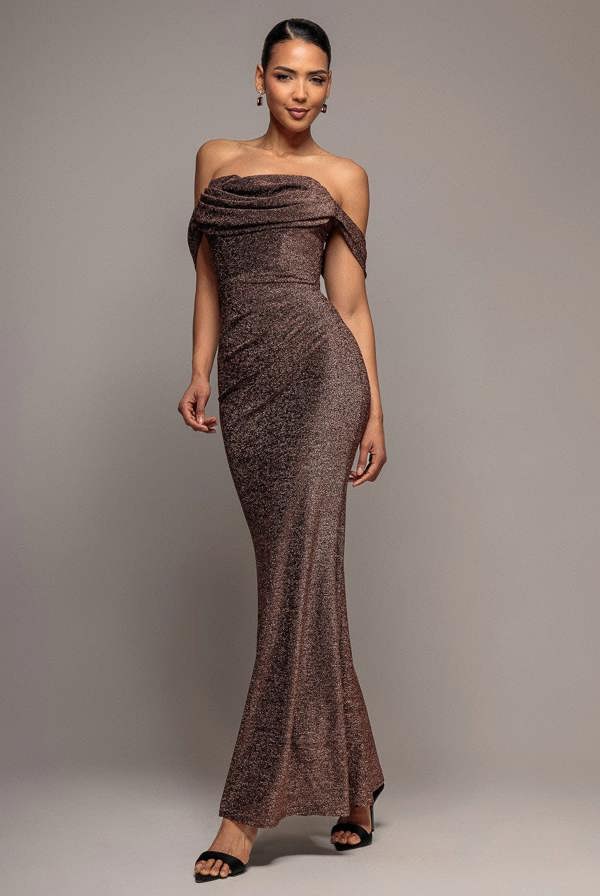 Lurex Cowl Neck Off The Shoulder Maxi Dress - Bronze DR3719