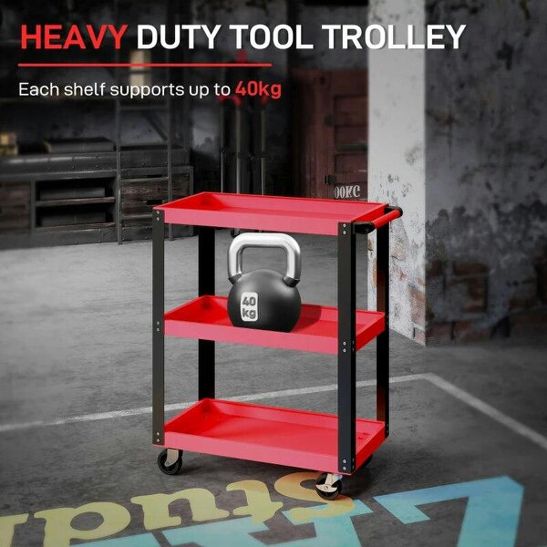 Bobobiy Tool Utility Cart Heavy Duty Tool Trolley Rolling with Brake Swivel Castors 3 Shelves Black Red