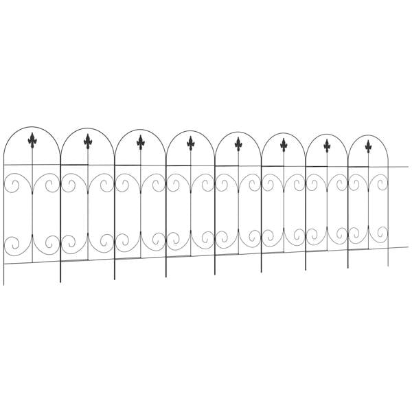 Black metal decorative picket fence panel with arched tops and finial ornaments