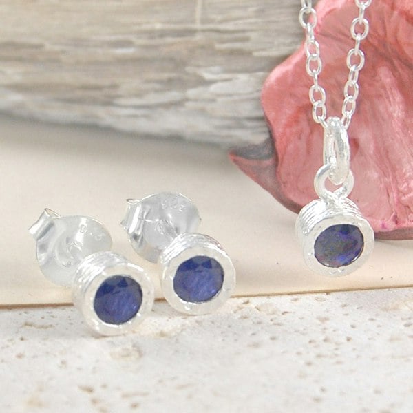 Blue Sapphire September Birthstone Sterling Silver Stud Earrings and Necklace Jewellery Set