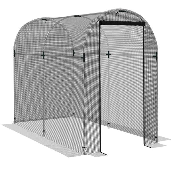 Black plant protection tent with galvanized steel frame and zippered double door, open