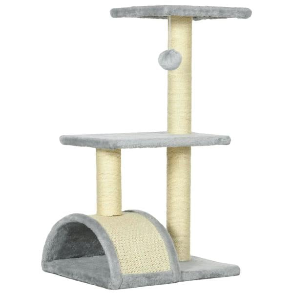 Light grey cat tree with three platforms, sisal posts, and top hanging ball