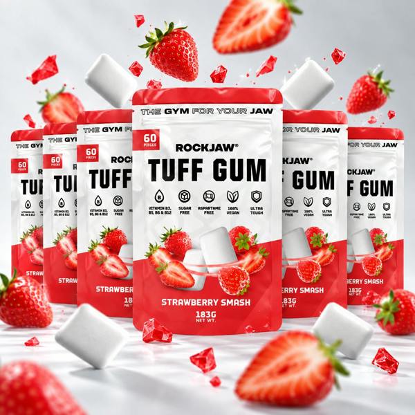 ROCKJAW Tuff Gum 2.0 (Stim-Free) + B Vitamins | Premium Ultra-Tough Jaw Gum - Strawberry Smash