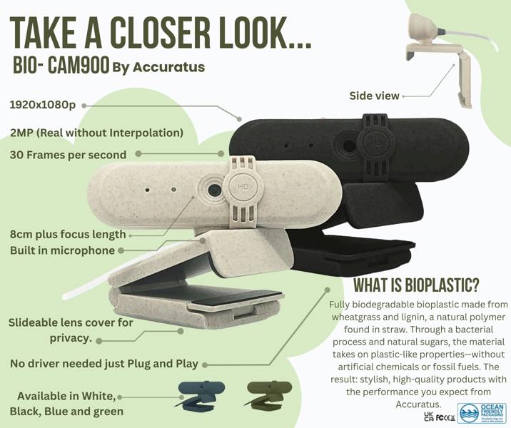 Accuratus BIO CAM900 Webcam - Full HD USB Camera Biodegradable Plant Based Resin Case