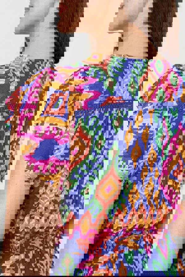 Blue | Ikat Print Lace Trim Midi Smock Dress
