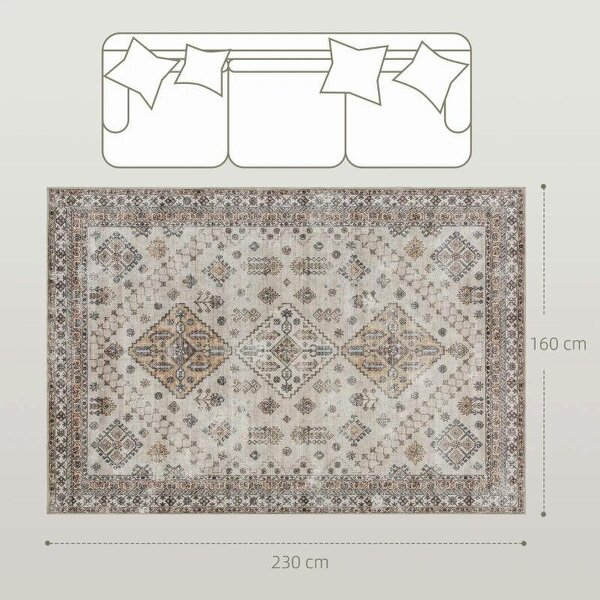 Vintage Area Rug, Non-Slip Washable Rug, Flannel Floor Carpet for Living Room, Bedroom, Dining Room, Home Office, 230 x 160 cm, Beige