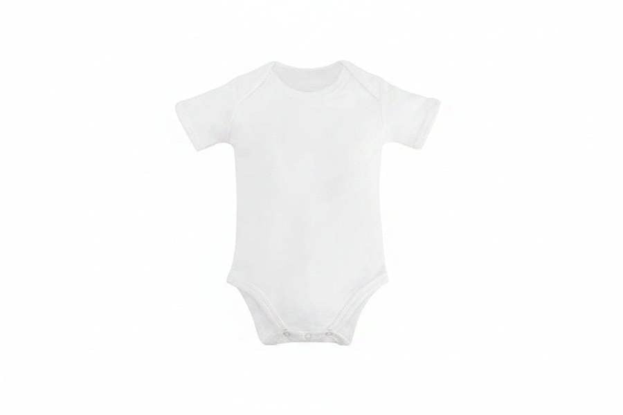 White Organic Baby Bodysuit for Sensitive Skin with short sleeves, lap shoulder neckline and popper fastening, made from 100% GOTS-certified organic Egyptian cotton by Prima Cotton.