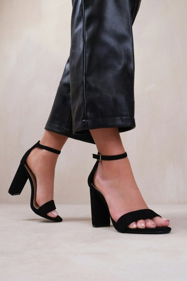 Where's That From Skye Strappy Block Heels With Buckle in Black Suede