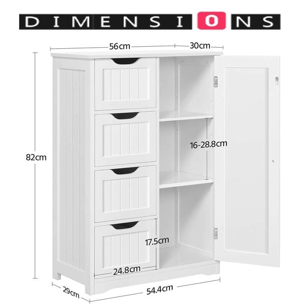Modcraft Bathroom Floor Cabinet Wooden Freestanding Storage with 4 Drawers & 1 Door Adjustable Shelf – White