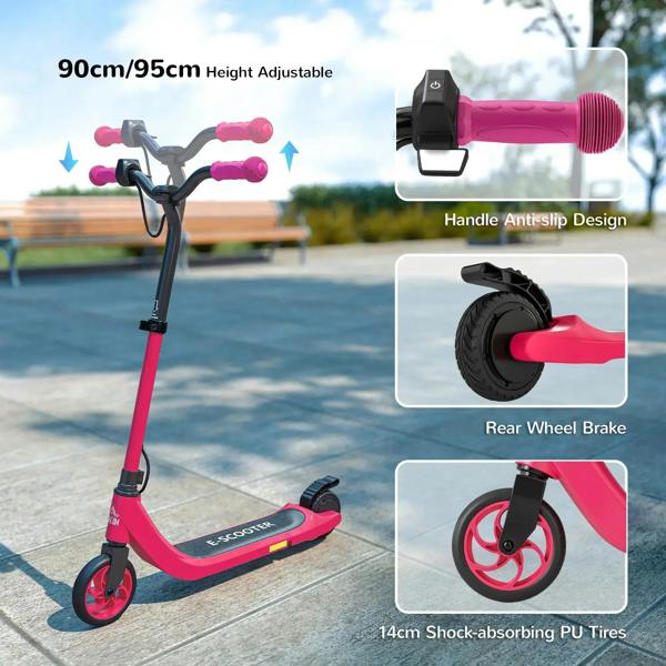 Pink kids electric scooter with adjustable stem, anti-slip grips, rear wheel brake