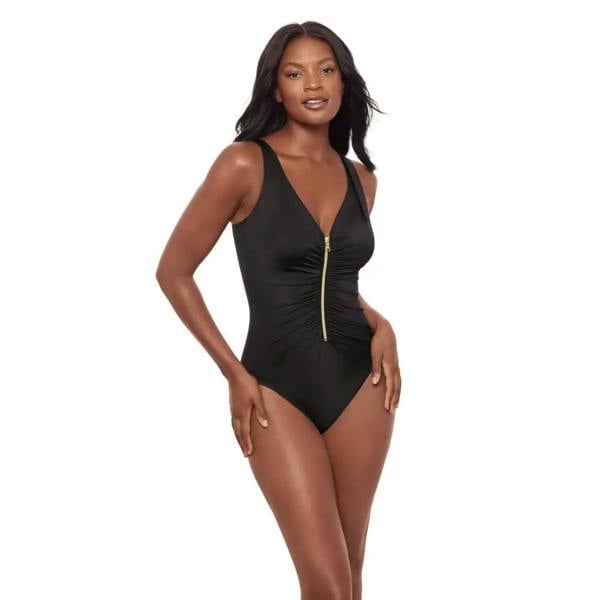 Black Miraclesuit Razzle Dazzle Zipt swimsuit with green zipper