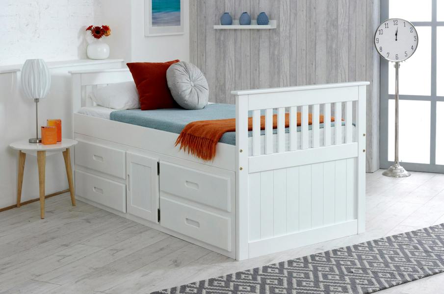 Captains TM Captains Storage Bed with 4 Drawers & Cupboard – Solid Pine – Waxed or White Finish – 3FT Single