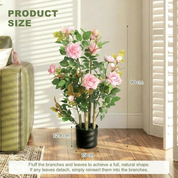 90cm Artificial Rose Tree, Decorative Fake Plant with 344 Silk Leaves 17 Flowers for Outdoor Indoor Decor, Pink