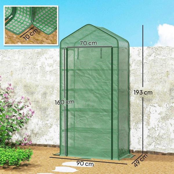 Green mini greenhouse frame with clear PE cover and five metal shelves, front view.