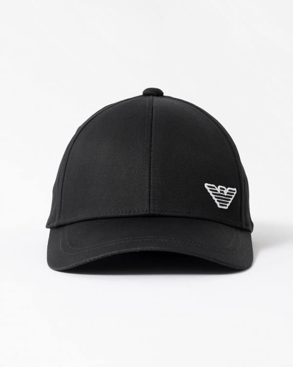front of Emporio Armani Mens Cap with Eagle Logo in Black