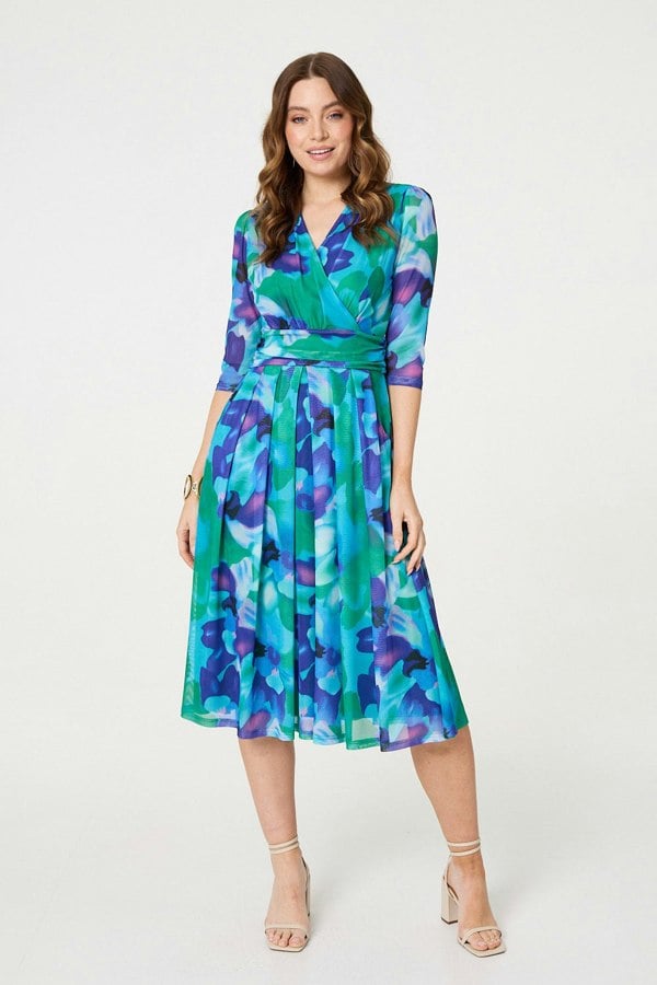 Blue | Printed Short Sleeve Pleated Wrap Midi Dress